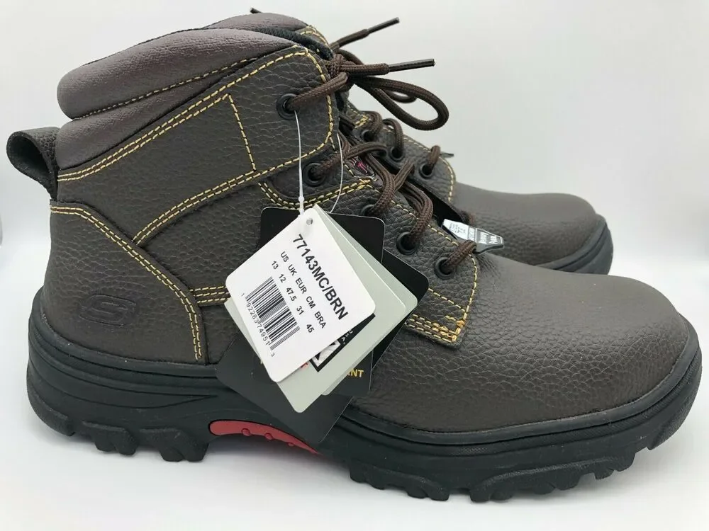 Skechers Men's 77143MC Brown Leather Steel Toe Safety Boots Lace Up Size US 13